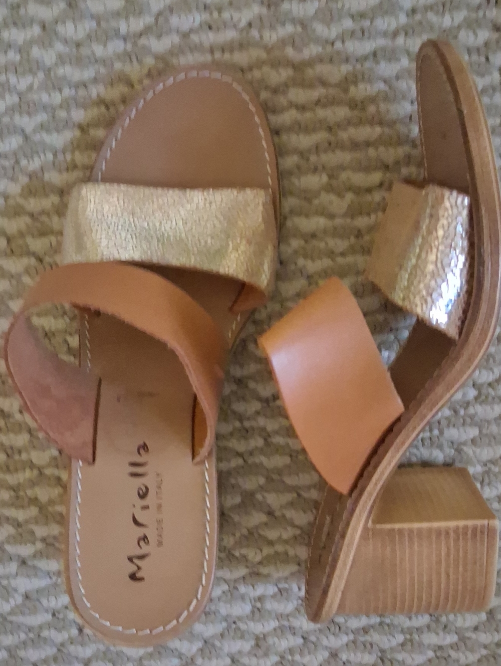 Mariella Italy Tan Leather Sandals with Gold Metallic Strap 8.5